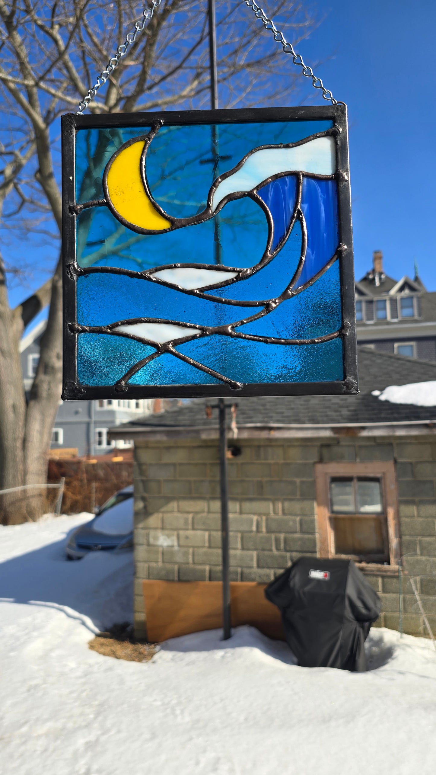 Stained Glass Crescent Sky Panel – Handcrafted 9 x 9 Hanging Art