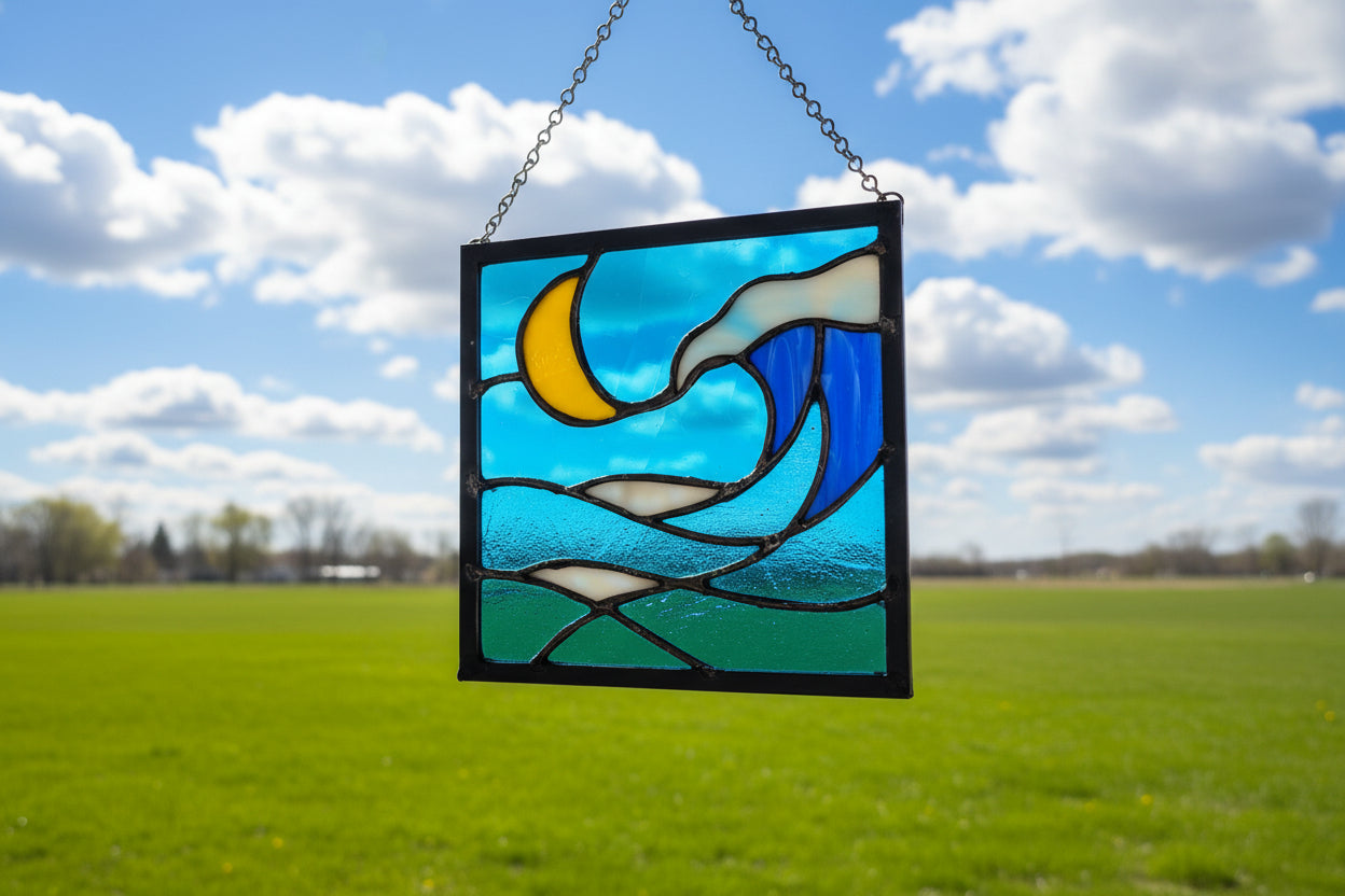 Stained Glass Crescent Sky Panel Handcrafted 9 x 9 Hanging Art