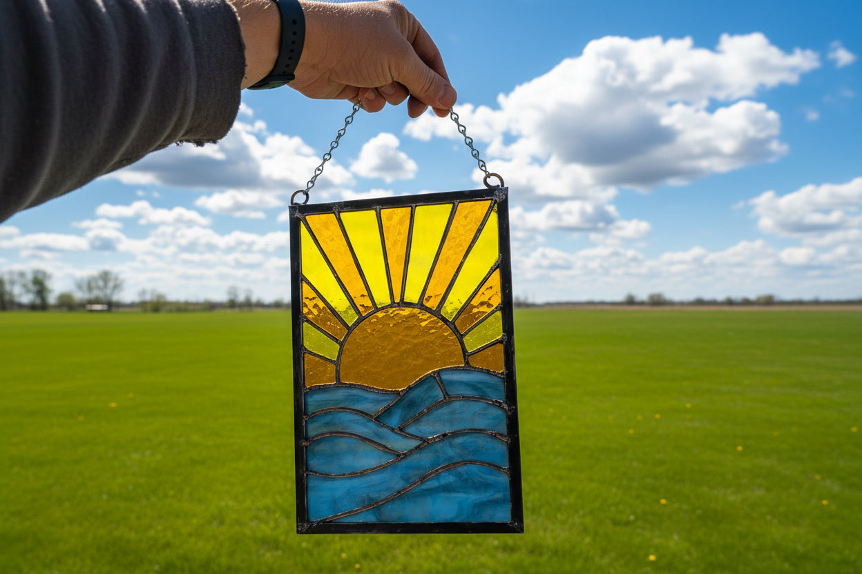 Stained Glass Sunrise Over Ocean Panel Handcrafted 8 x 12 Hanging Art