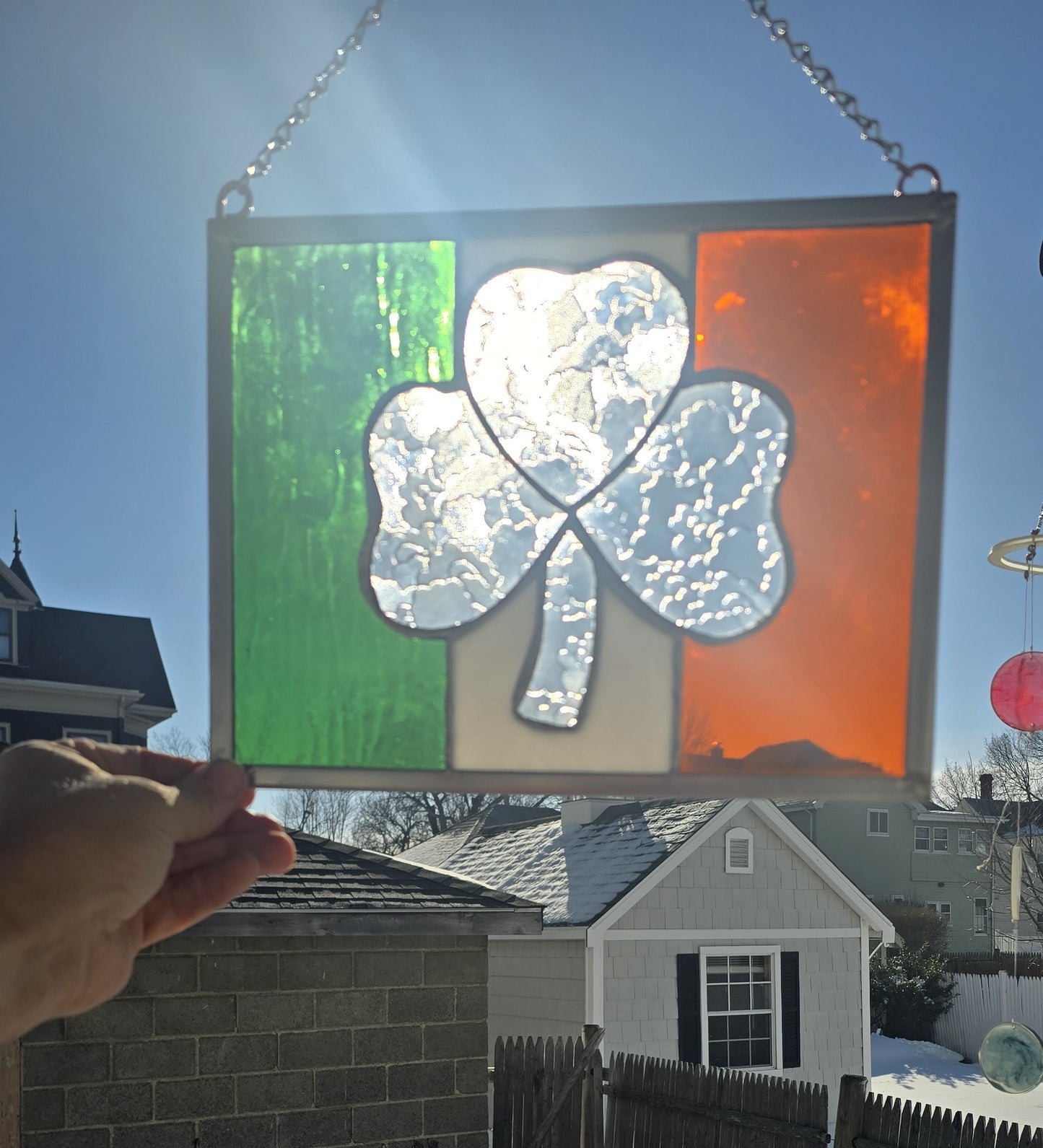Irish Flag Shamrock Stained Glass Panel
