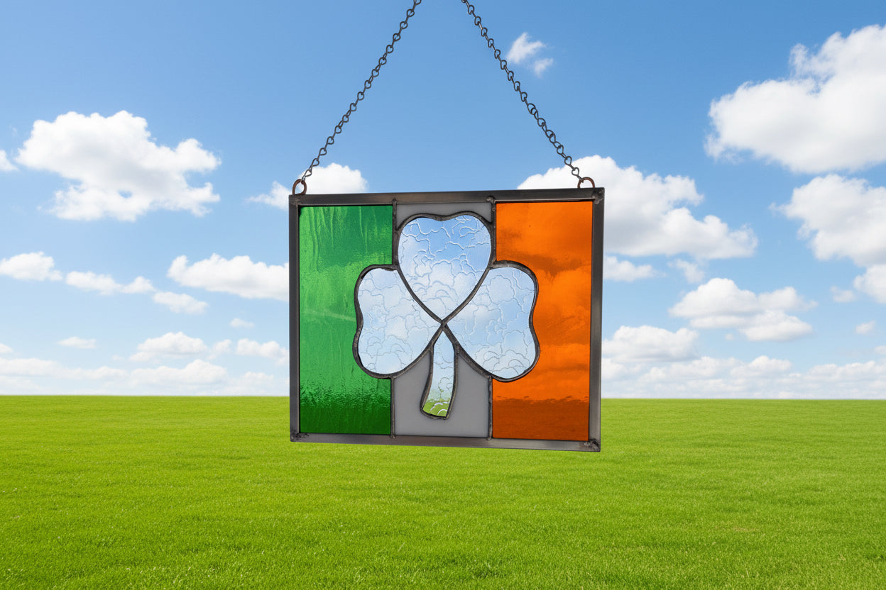 Irish Flag Shamrock Stained Glass Panel