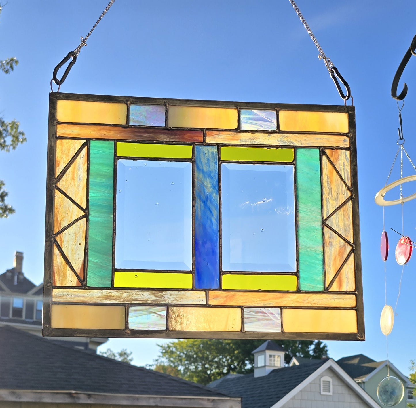 Sunlit Geometry – Handmade Stained Glass Panel with Iridescent Accents