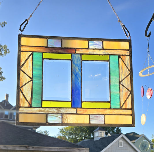 Sunlit Geometry – Handmade Stained Glass Panel with Iridescent Accents