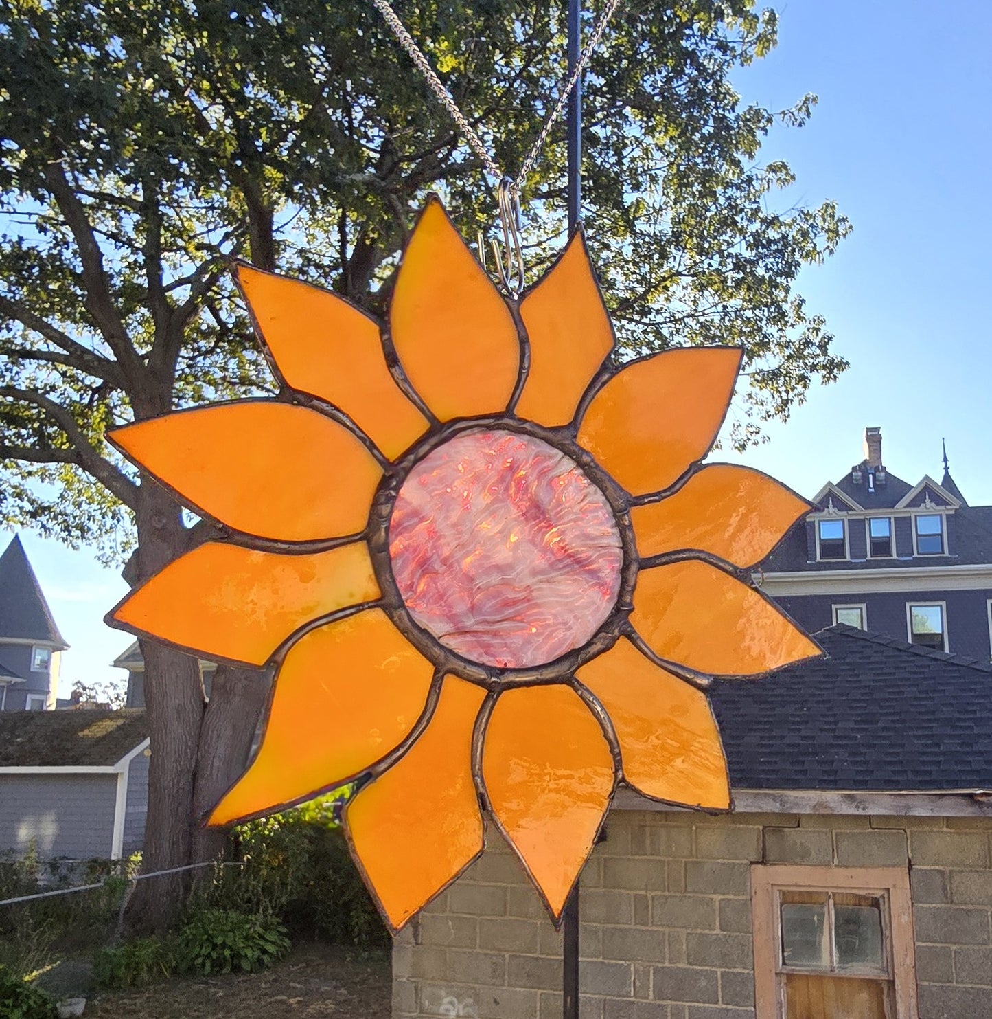 Sunburst Bloom – Handmade Stained Glass Sunflower with Swirled Glass Center