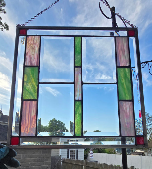 14" Square Stained Glass Panel – Green, Pink & Clear Glass