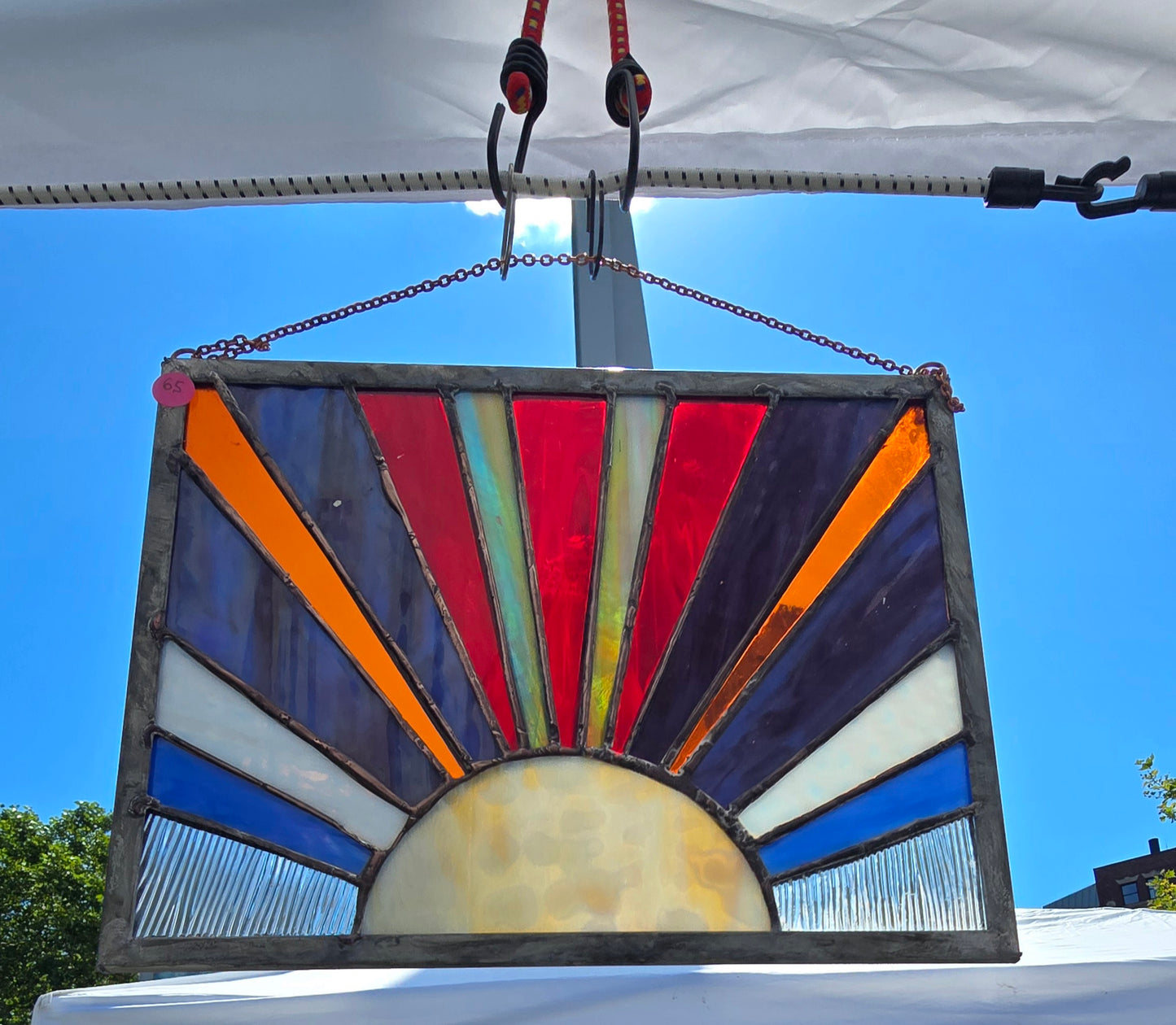 Sunrise Stained Glass Panel – Handmade Coastal Window Hanging with Vibrant Rays