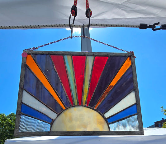 Sunrise Stained Glass Panel – Handmade Coastal Window Hanging with Vibrant Rays