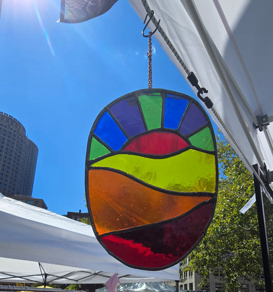 Oval Landscape Stained Glass Suncatcher – Handmade Nature-Inspired Window Hanging