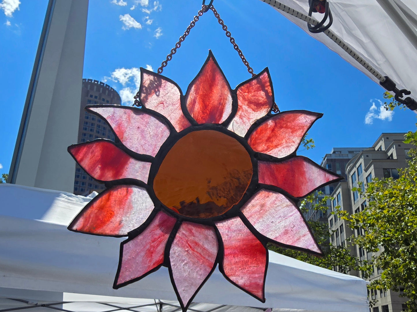 Sunburst Stained Glass Flower Ornament – Handmade Red & Pink Floral Suncatcher