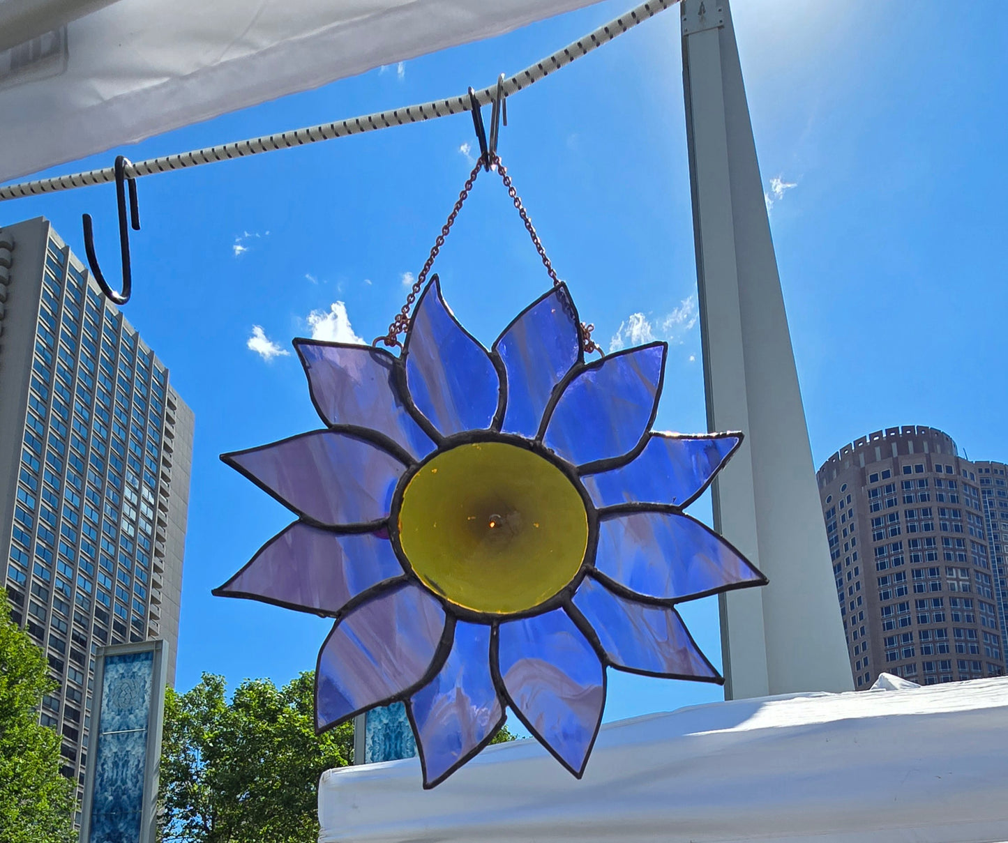 Purple Sunflower Stained Glass Ornament – Handmade Whimsical Floral Suncatcher