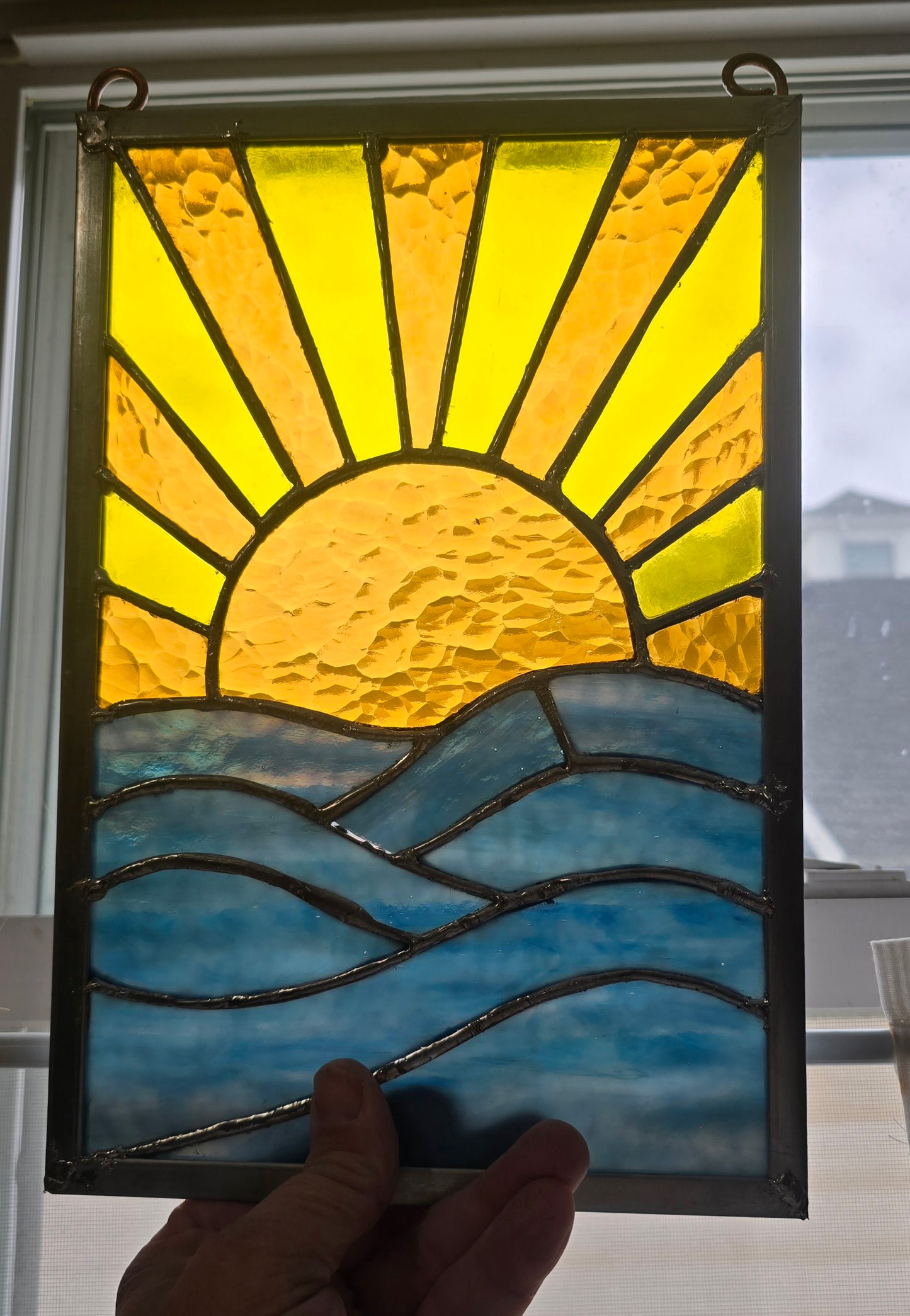 Stained Glass Sunrise Over Ocean Panel – Handcrafted 8 x 12 Hanging Art