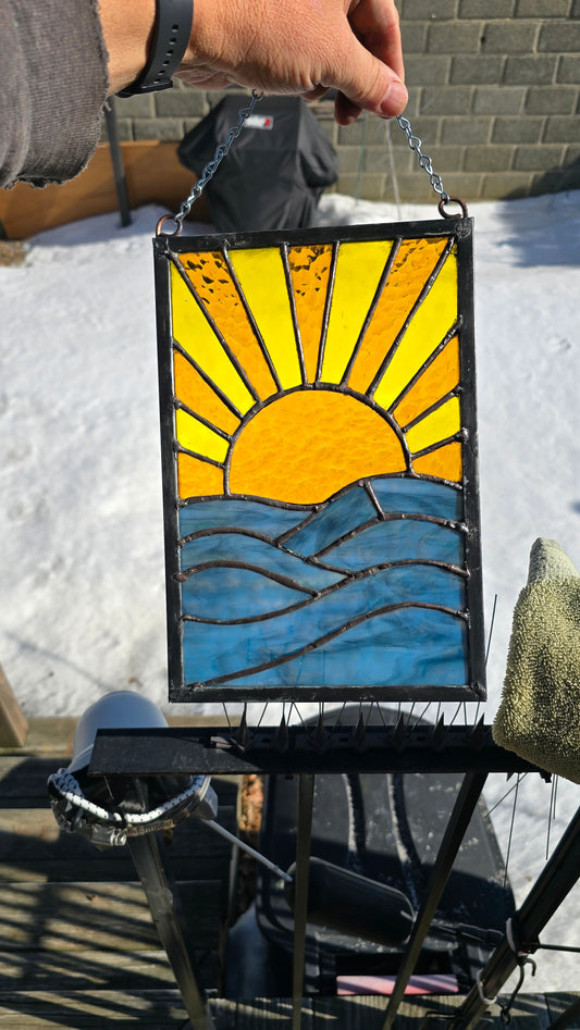 Stained Glass Sunrise Over Ocean Panel – Handcrafted 8 x 12 Hanging Art