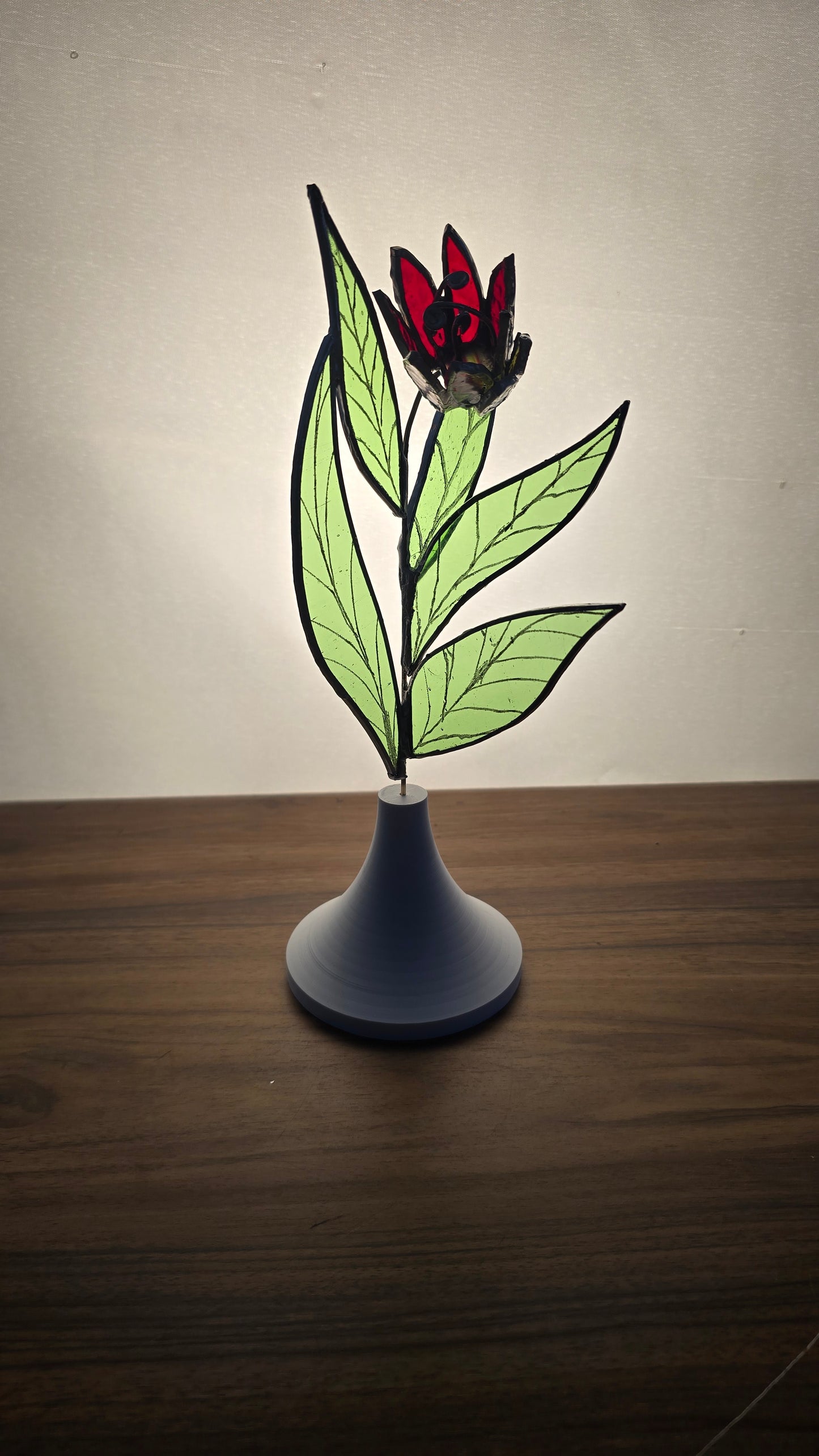 Red Stained Glass Bloom with Brass Stem in Custom White Base