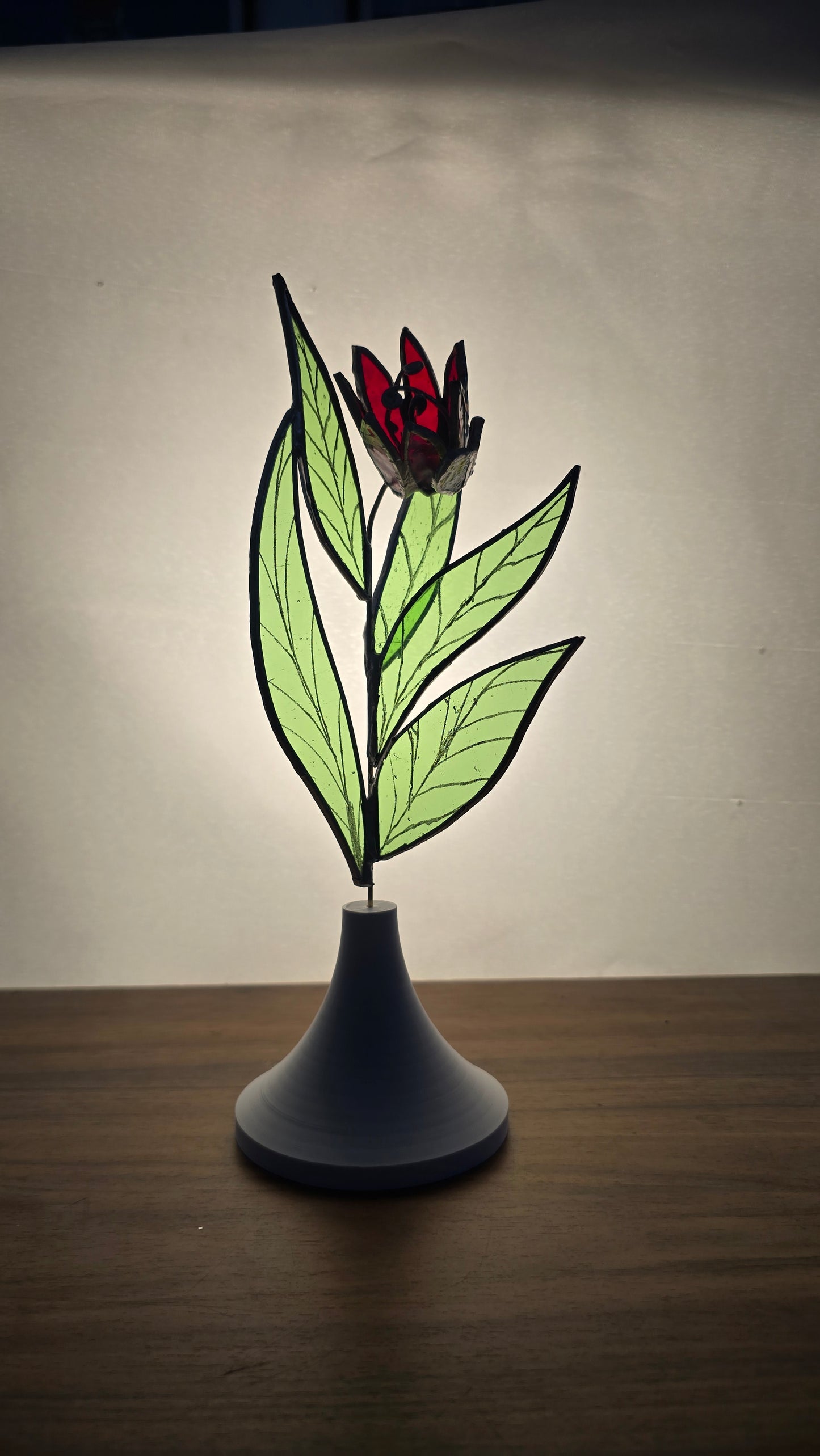 Red Stained Glass Bloom with Brass Stem in Custom White Base