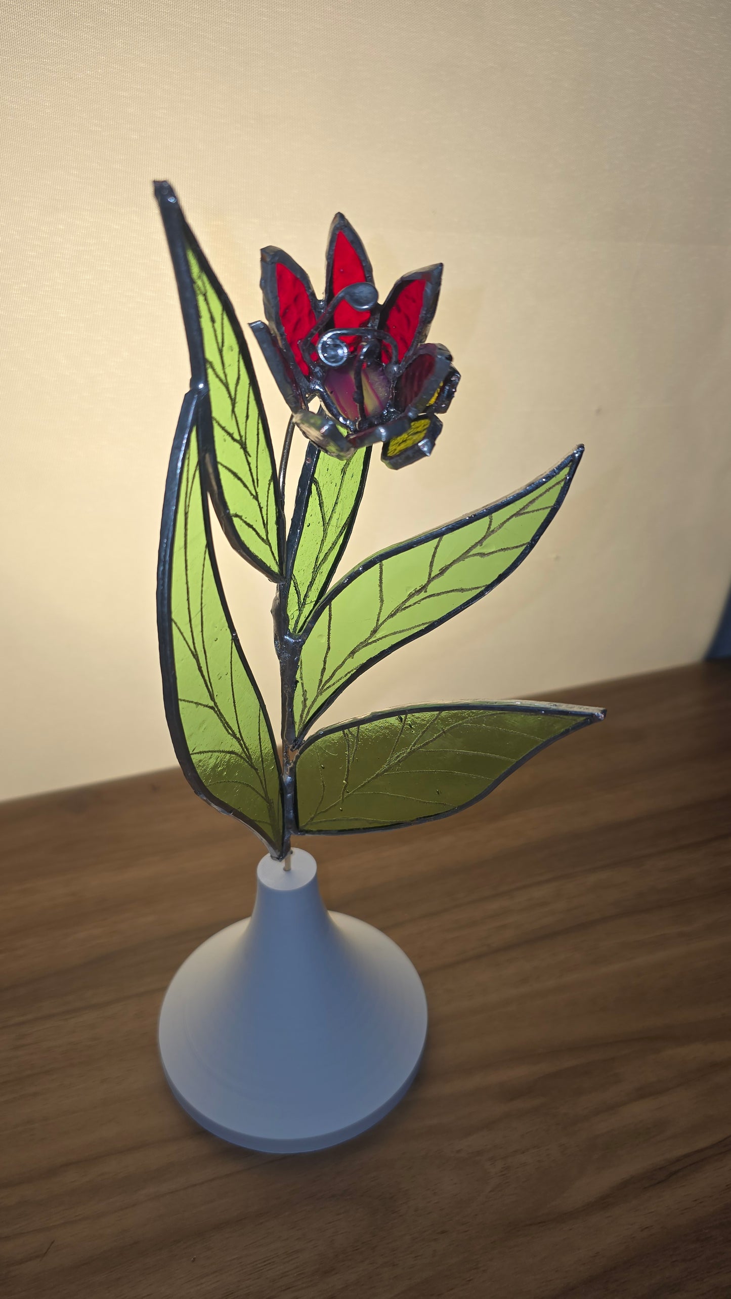 Red Stained Glass Bloom with Brass Stem in Custom White Base