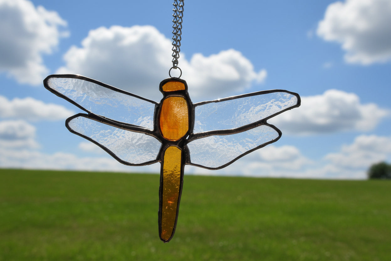 Yellow & Amber Dragonfly  Stained Glass Suncatcher