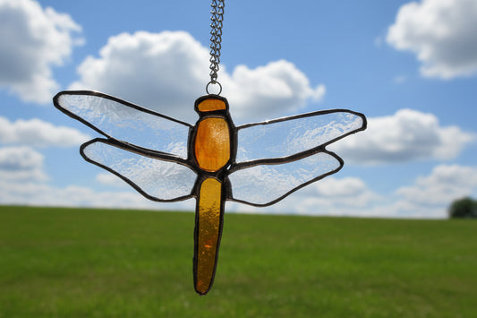 Yellow & Amber Dragonfly  Stained Glass Suncatcher