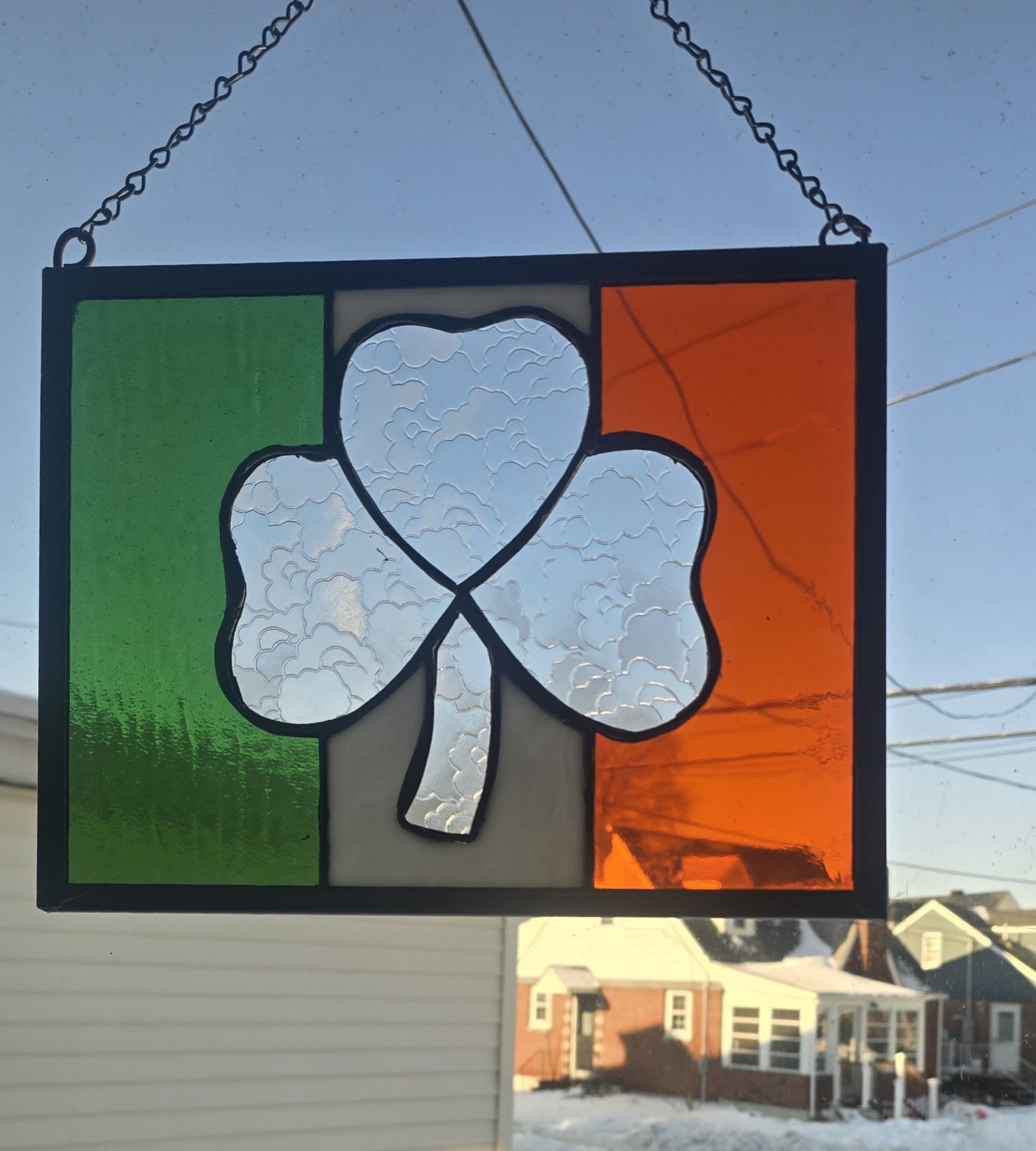 Irish Flag Shamrock Stained Glass Panel
