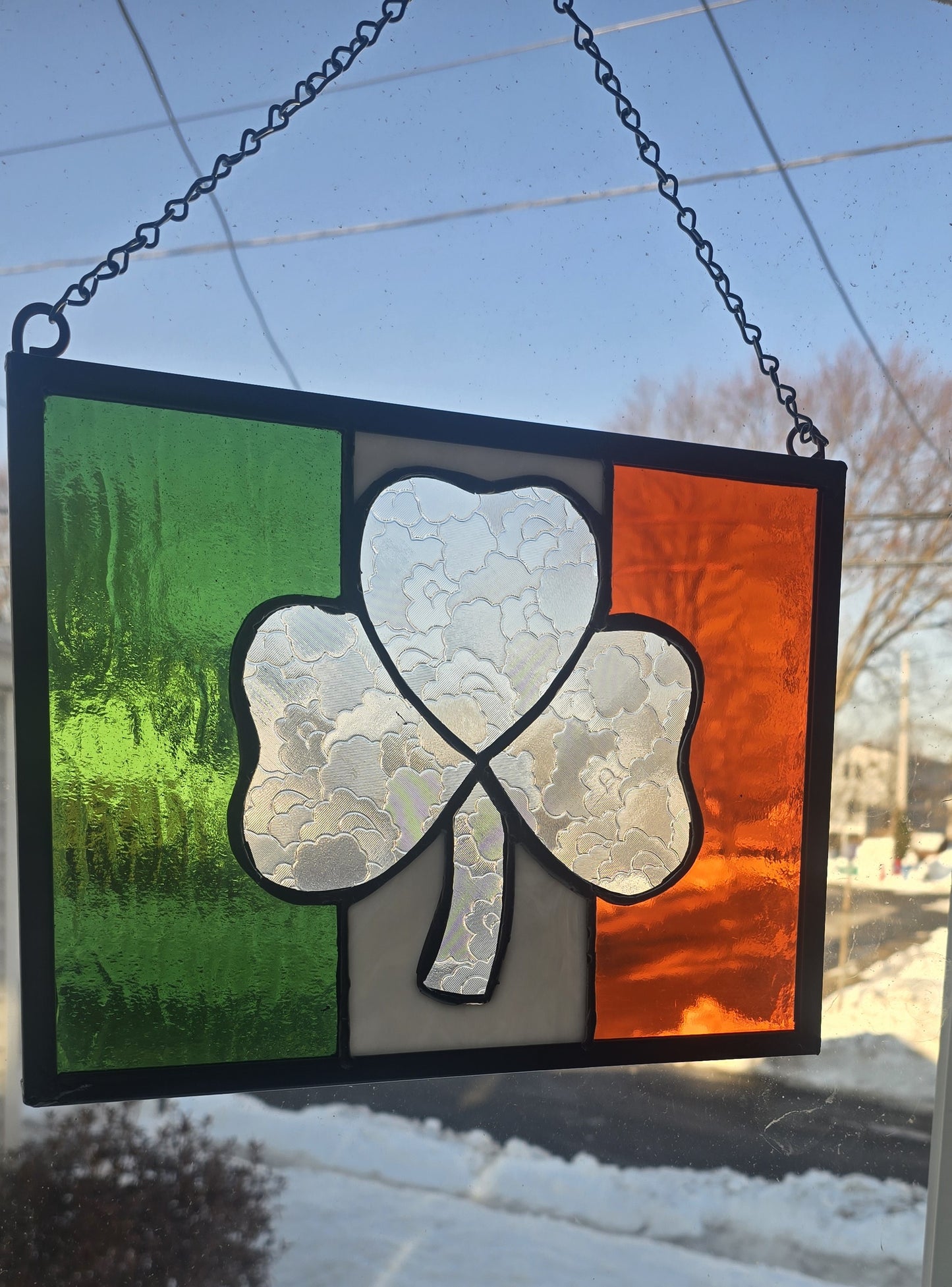 Irish Flag Shamrock Stained Glass Panel
