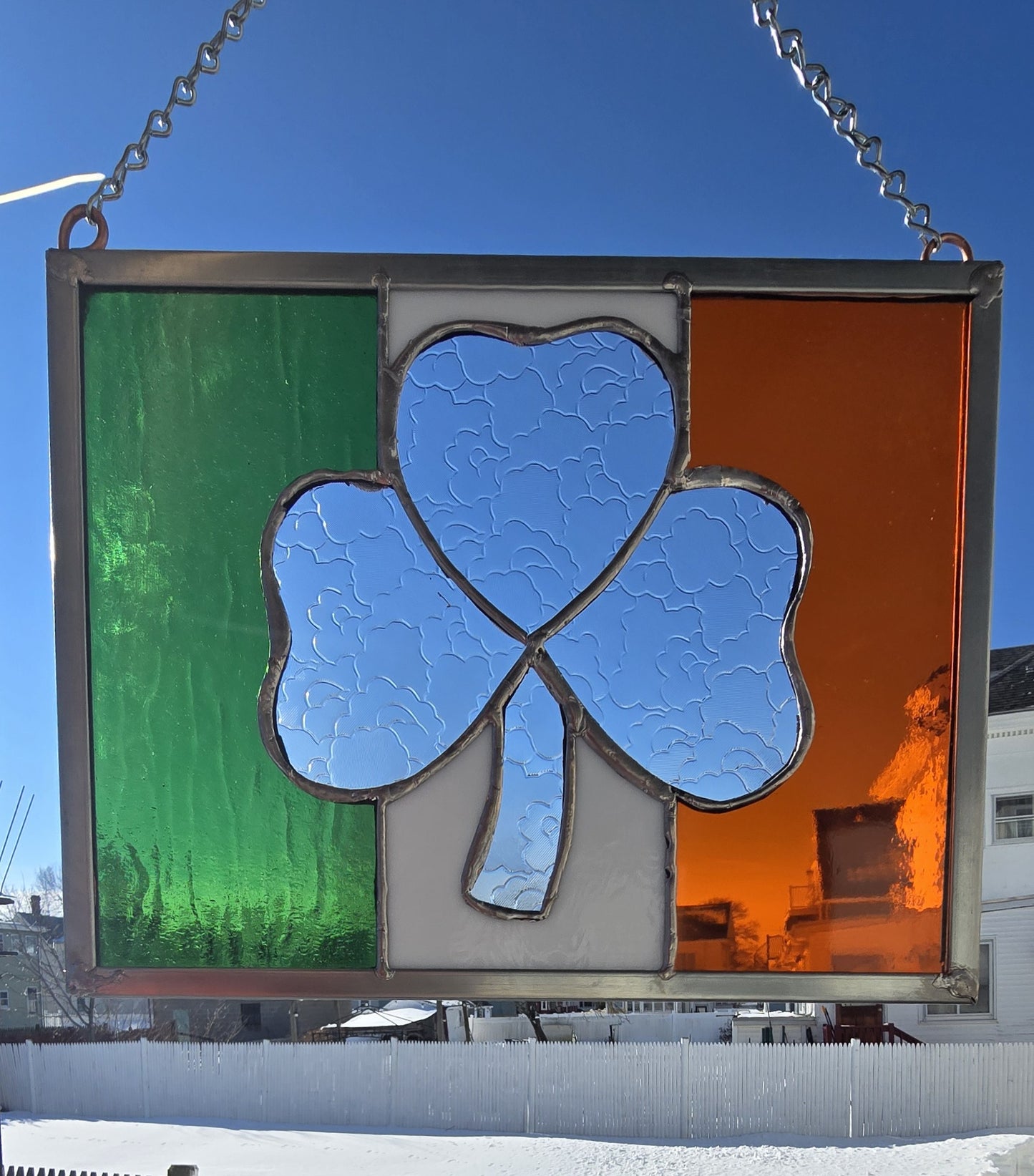 Irish Flag Shamrock Stained Glass Panel