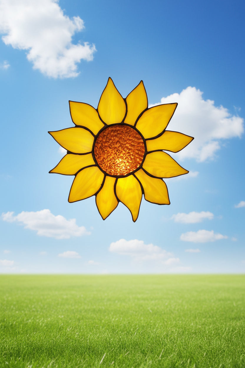 A stained glass sunflower with yellow petals and a dark brown center, set against a green fabric background.