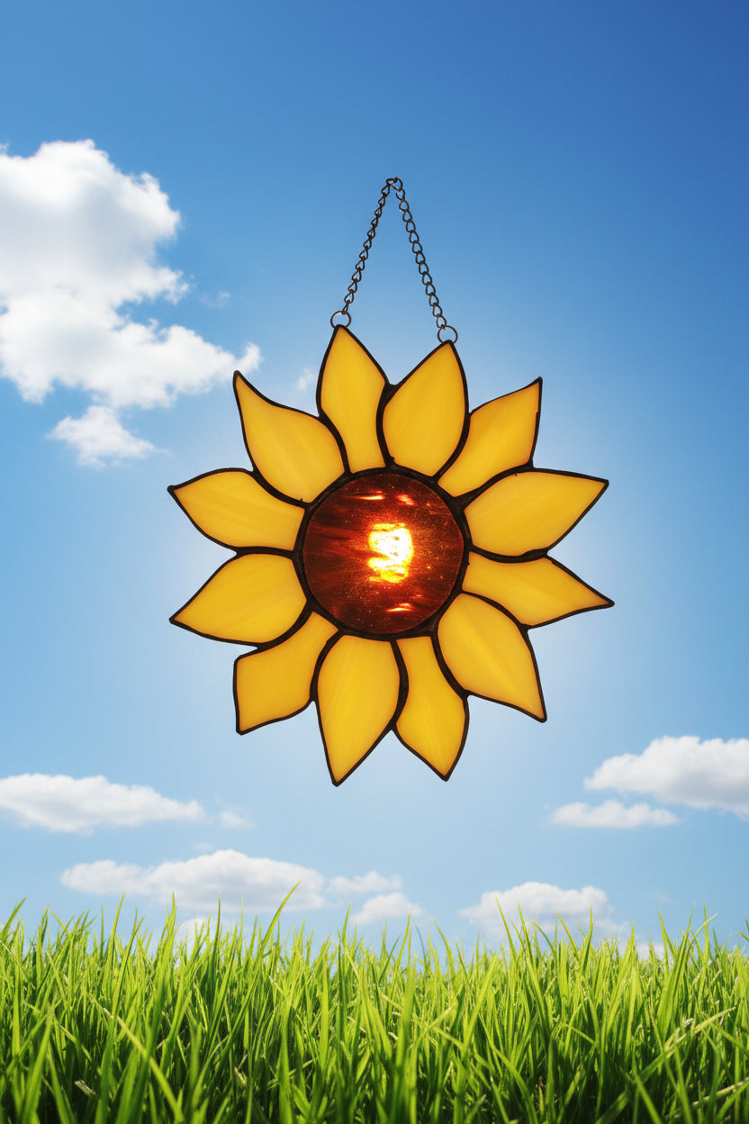 A stained glass sunflower wall hanging or bag charm with yellow petals, a black center, and a silver hanging chain, displayed on a green fabric background.