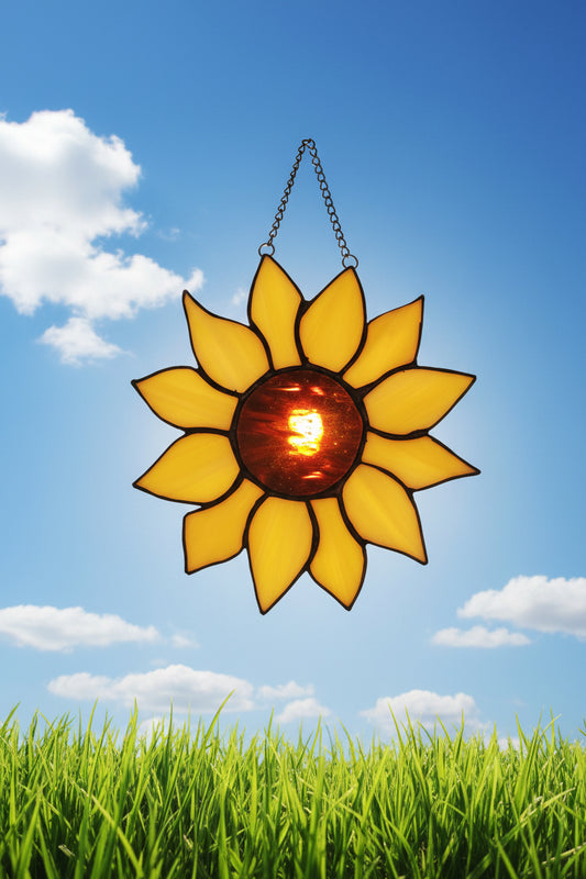 A stained glass sunflower wall hanging or bag charm with yellow petals, a black center, and a silver hanging chain, displayed on a green fabric background.
