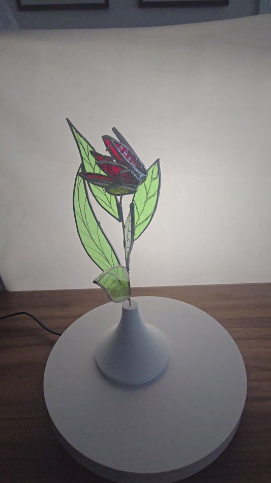 Red Stained Glass Bloom with Brass Stem in Custom White Base