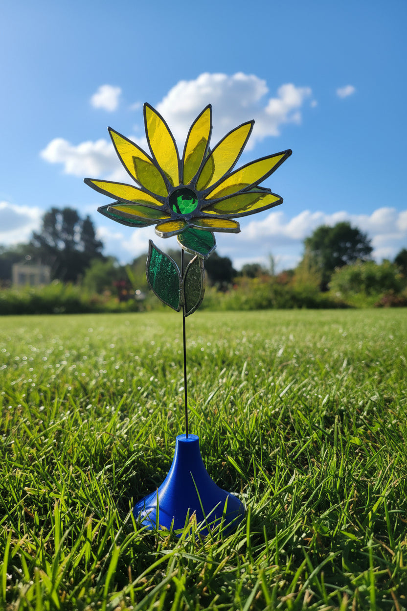 Stained Glass Flower with Brass Stem – Handcrafted Art in Custom Base