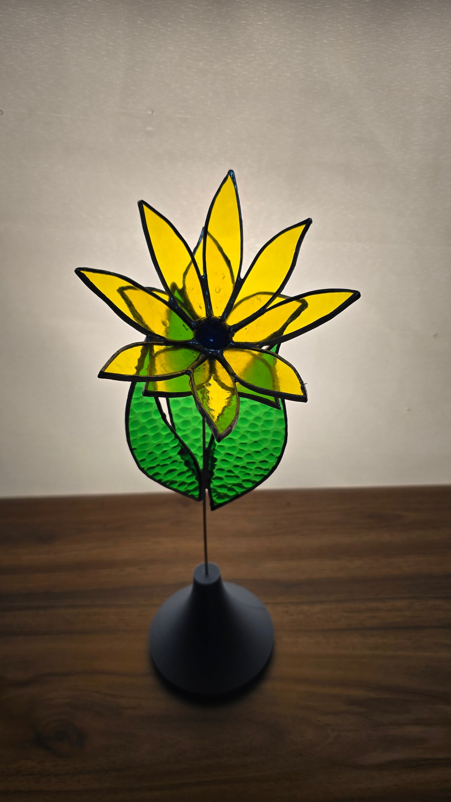 Stained Glass Flower with Brass Stem – Handcrafted Art in Custom Base
