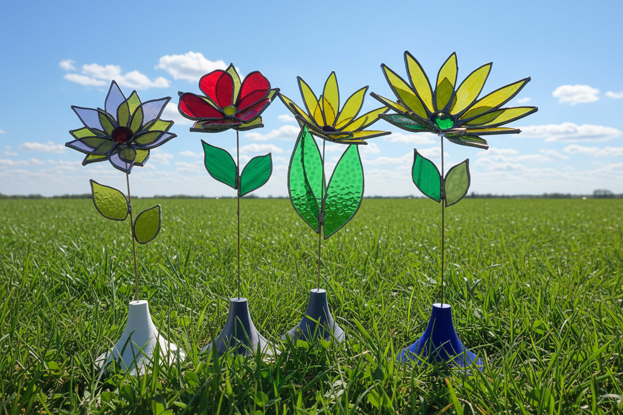 Stained Glass Flower with Brass Stem – Handcrafted Art in Custom Base