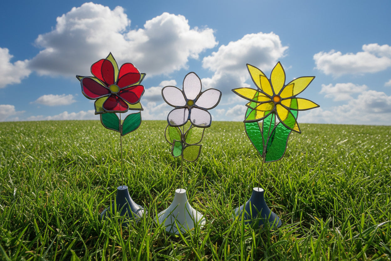 Stained Glass Flower with Brass Stem – Handcrafted Art in Custom Base