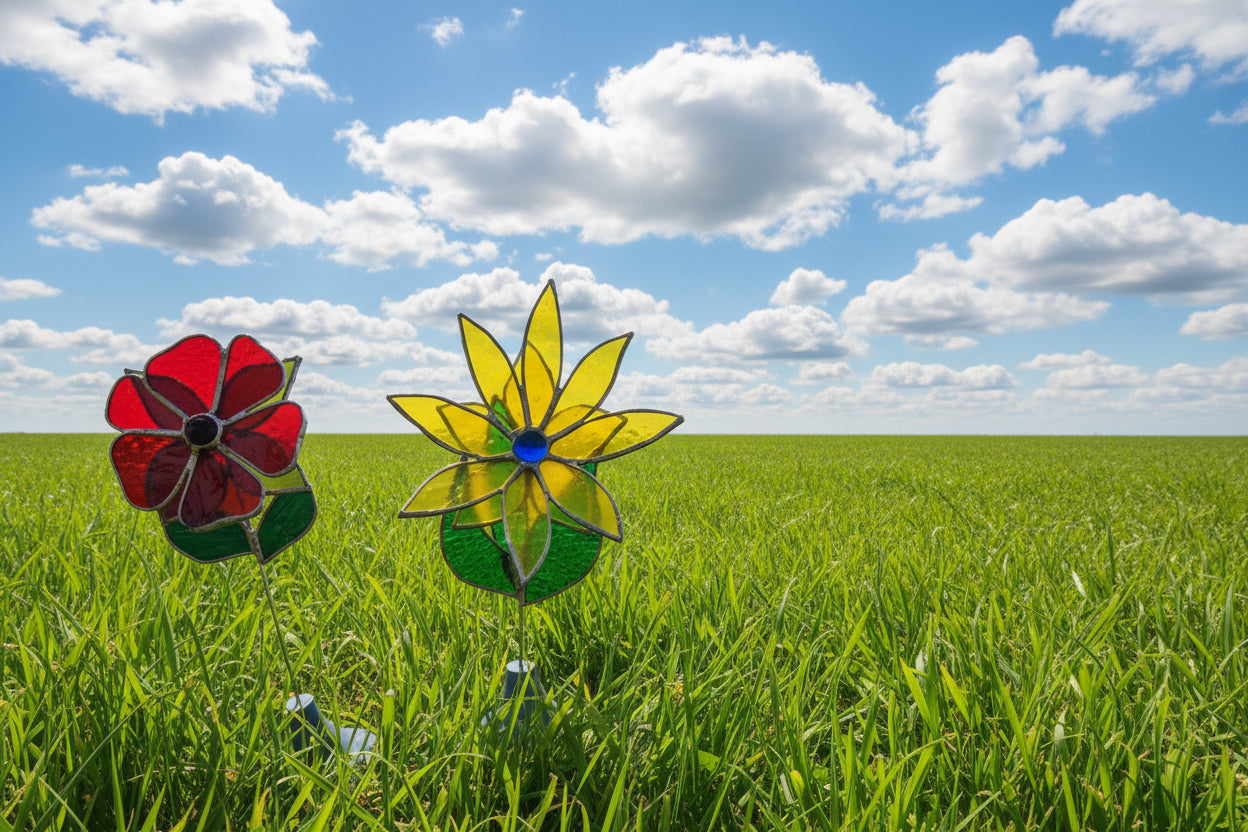 Stained Glass Flower with Brass Stem – Handcrafted Art in Custom Base