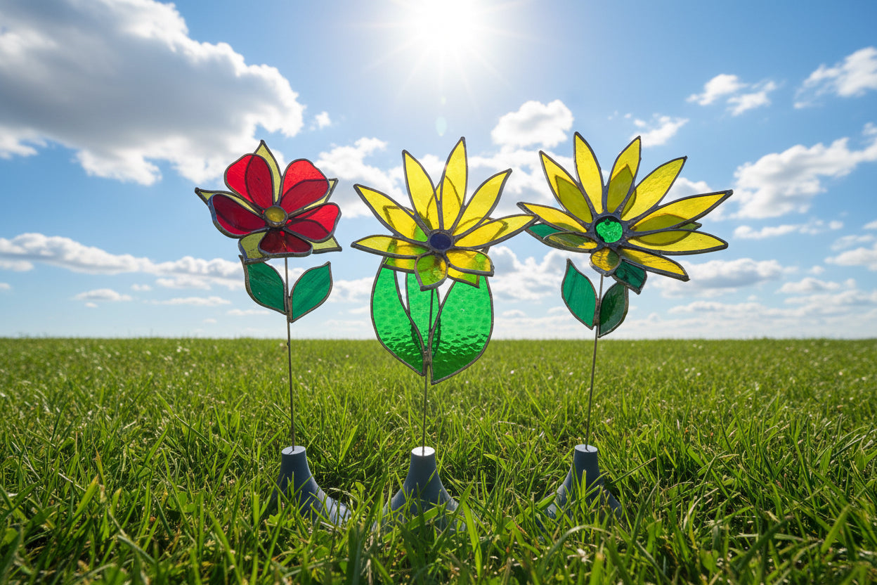Stained Glass Flower with Brass Stem – Handcrafted Art in Custom Base