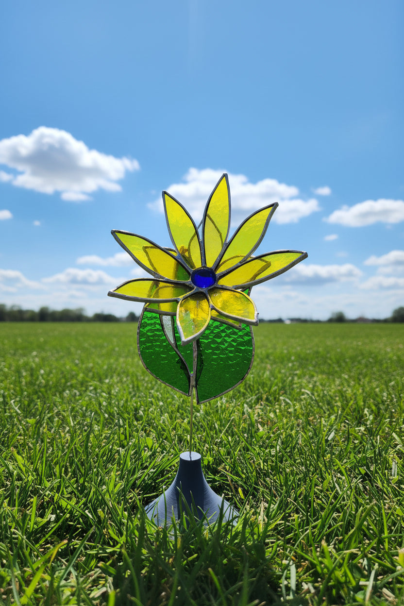 Stained Glass Flower with Brass Stem – Handcrafted Art in Custom Base