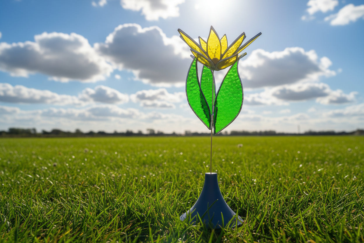 Stained Glass Flower with Brass Stem – Handcrafted Art in Custom Base