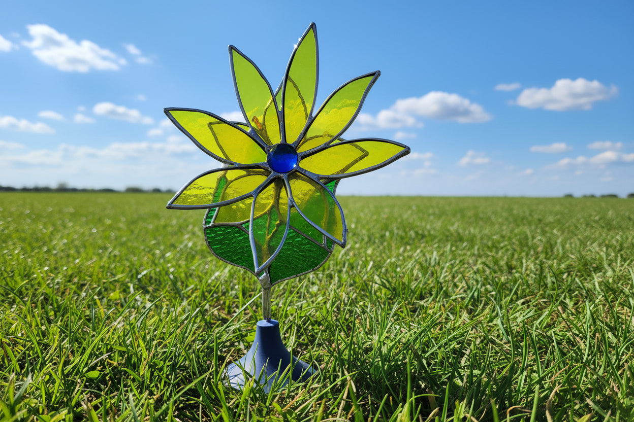 Stained Glass Flower with Brass Stem – Handcrafted Art in Custom Base