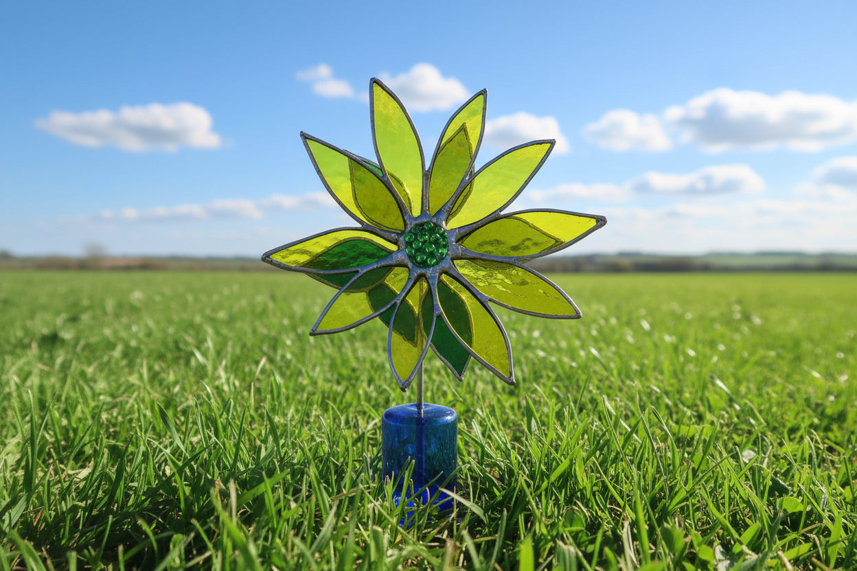 Stained Glass Flower with Brass Stem – Handcrafted Art in Custom Base