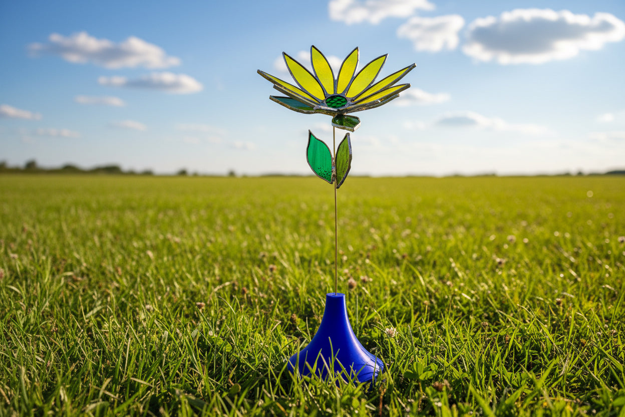 Stained Glass Flower with Brass Stem – Handcrafted Art in Custom Base