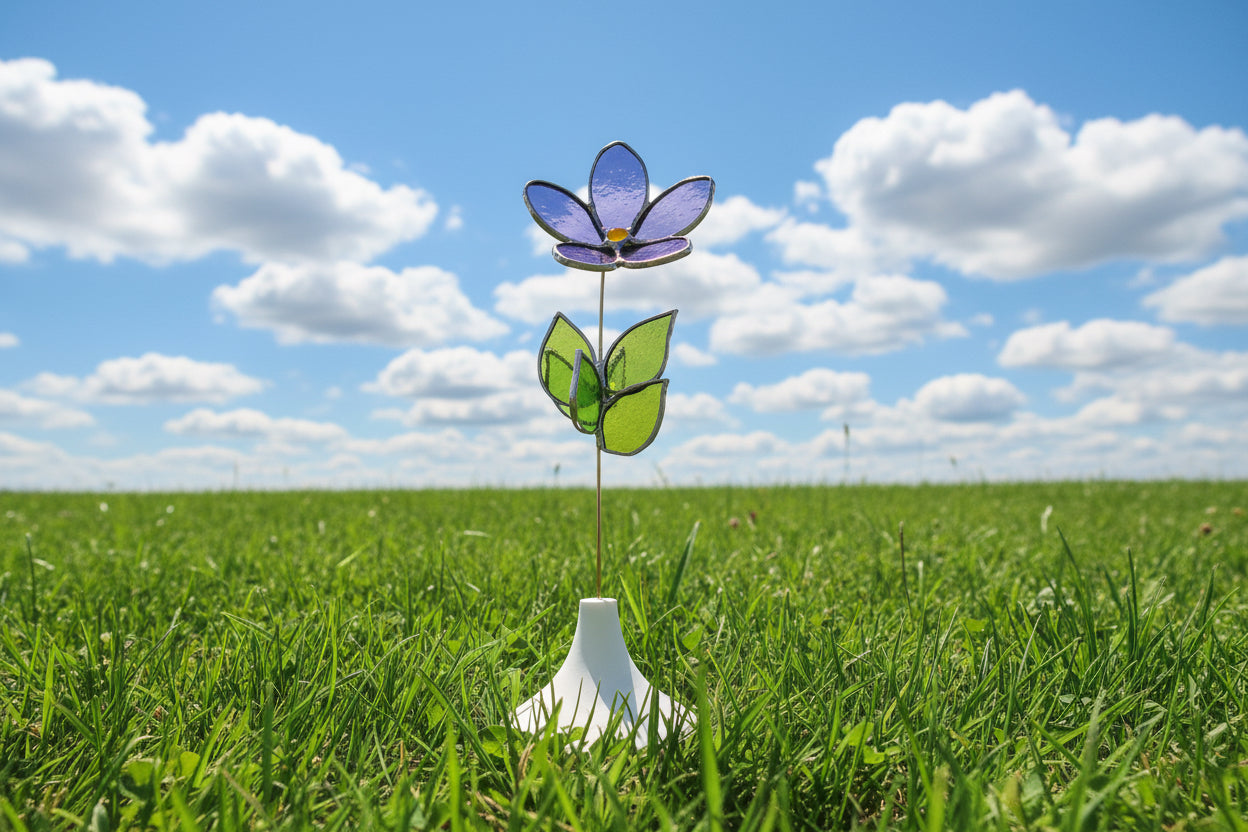 Stained Glass Flower with Brass Stem – Handcrafted Art in Custom Base