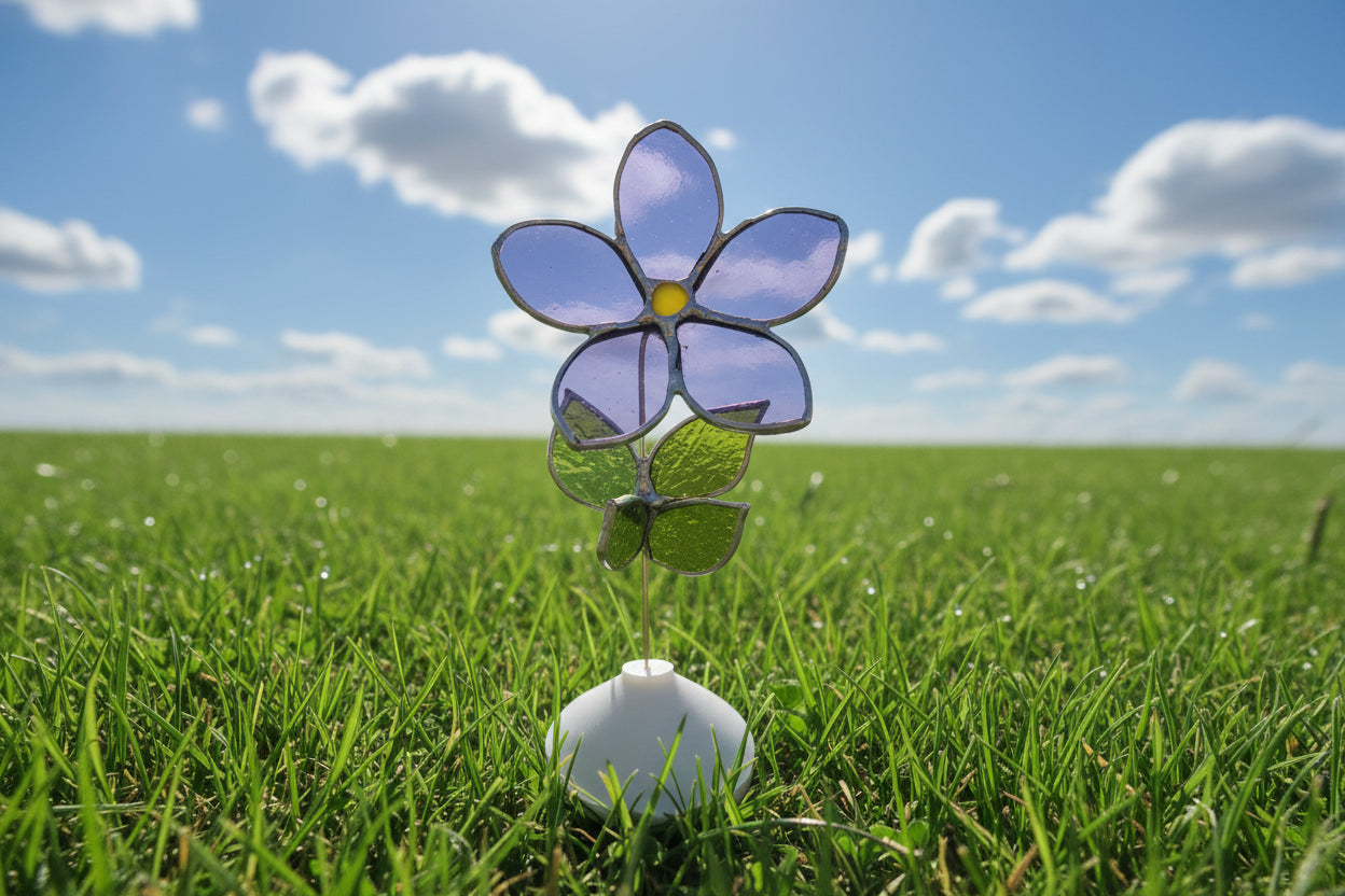 Stained Glass Flower with Brass Stem – Handcrafted Art in Custom Base