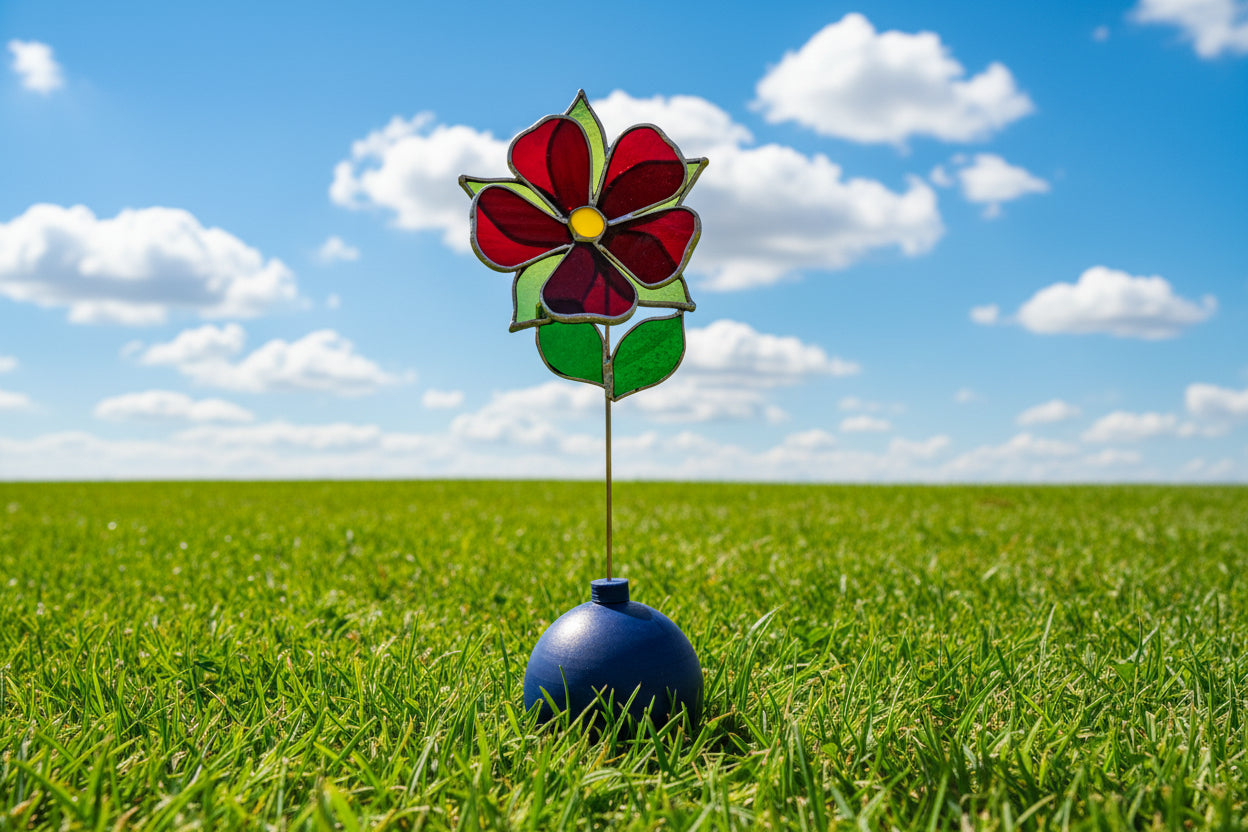 Stained Glass Flower with Brass Stem – Handcrafted Art in Custom Base