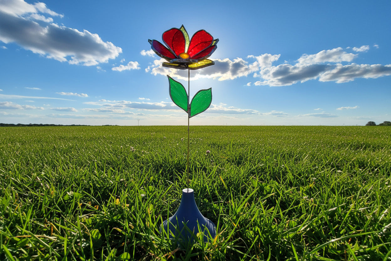 Stained Glass Flower with Brass Stem – Handcrafted Art in Custom Base