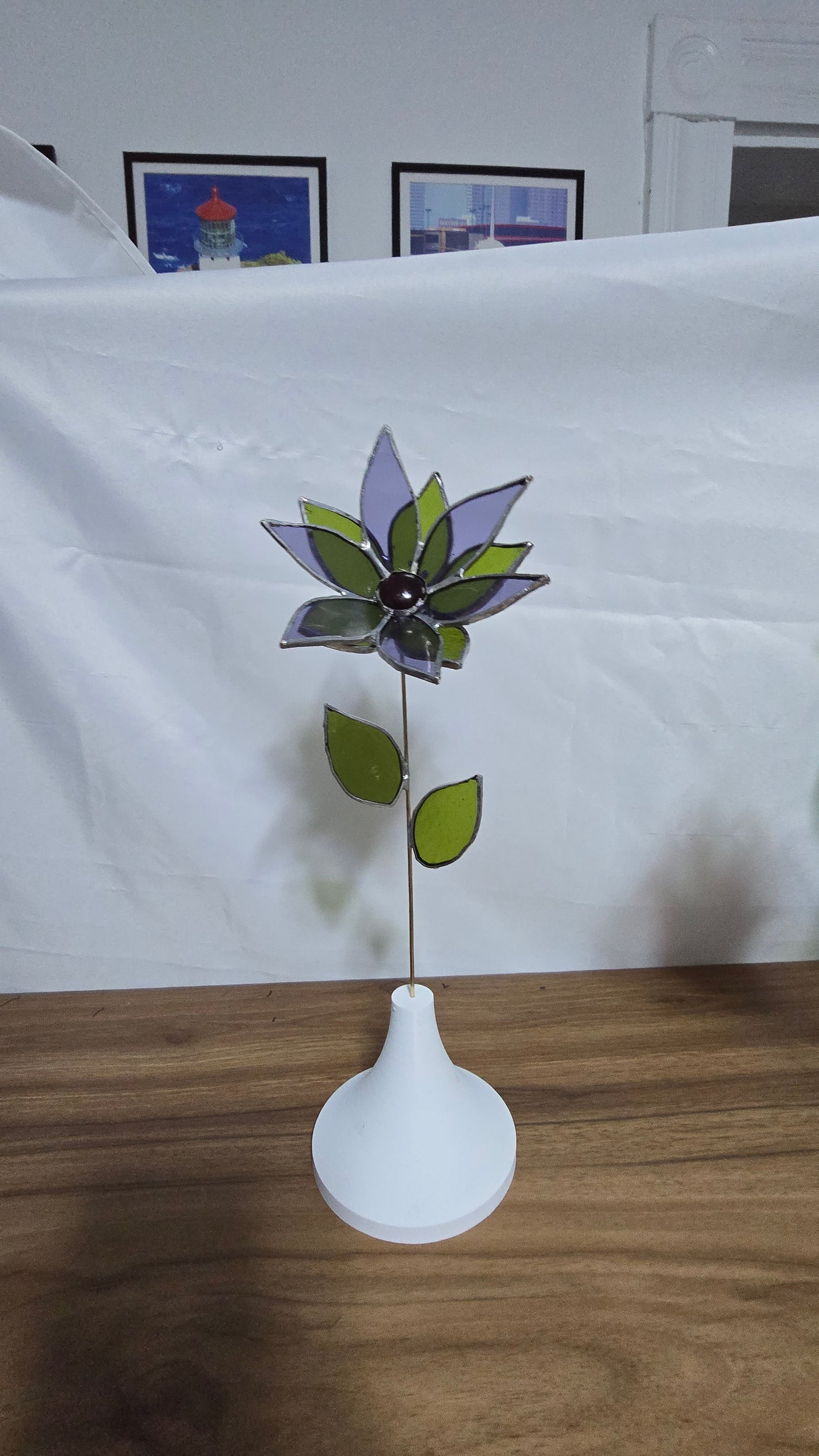 Stained Glass Flower with Brass Stem – Handcrafted Art in Custom Base